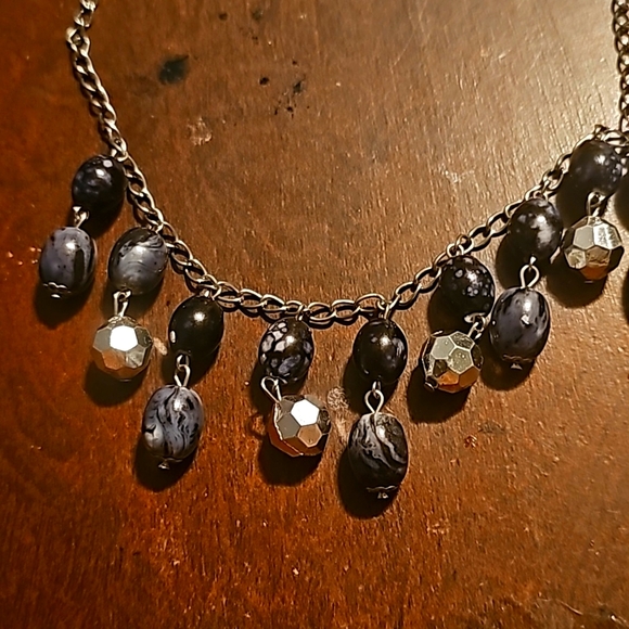 Silvertone Necklace w/Dangling Silver & Blue w/Design Embedded Beads, 18" Length - Picture 2 of 6